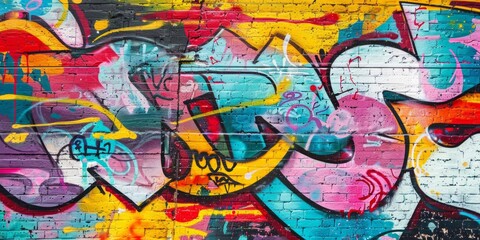 Vibrant Expressions: A colorful graffiti wall adorned with strokes of pink, yellow, and blue paint....