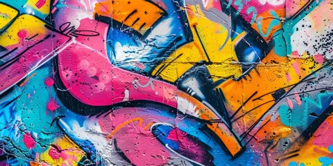 A colorful graffiti wall with pink, yellow, and blue paint