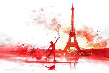 Red watercolor paint of badminton player hits shuttlecock by eiffel tower