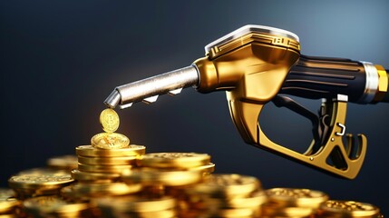 Gasoline pump nozzle dispensing gold coins, Illustrating the value of petroleum as a commodity - obrazy, fototapety, plakaty