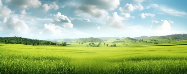 View of a wide green meadow with a clear sky in the background