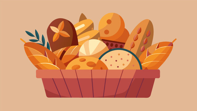 A basket overflowing with various shapes and sizes of artisan bread each one unique and delicious in its own way..