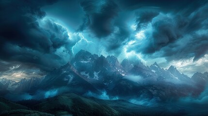 Naklejka premium Dark storm clouds over the majestic mountains and flashes of lightning illuminate the horizon. Generative AI