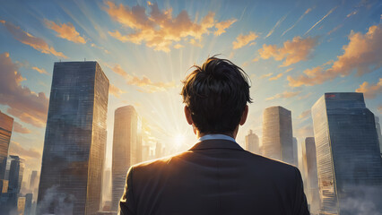 Fototapeta premium Close Up Backview Businessman Look sunny sky with modern cityspace , symbol of succes