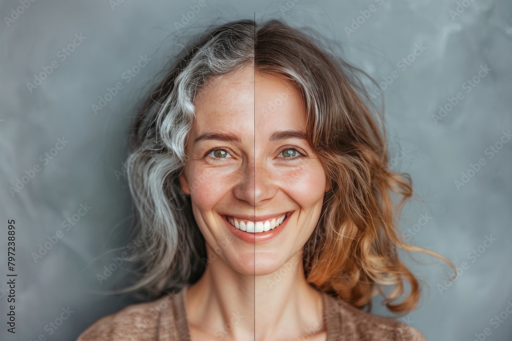 Poster longevity in rejuvenation emphasizes youthful complexion in aging timelines, contrasting methods in 