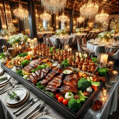 A sophisticated and luxurious restaurant with velvet curtains crystal chandeliers and gold accents
