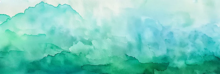 Foto op Plexiglas anti-reflex Blue green watercolor paint splash, blotch background with bleed wash and bloom. Blobs of paint, nostalgic watercolor paper texture. Turquoise white mountains, hills abstract landscape © Vita