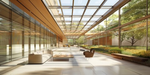 Serene Skyward Retreat: A grand and open space with plentiful windows, connecting the indoors with the vastness of a serene, clear blue sky.