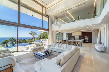 Fototapeta premium Elegant Simplicity: A spacious living room adorned with pristine white furniture and a stylish rug, embodying the allure of understated sophistication.