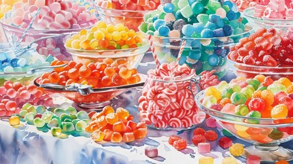 A watercolor depiction of a festive candy buffet with a range of colorful, shiny candies and sweets spread out