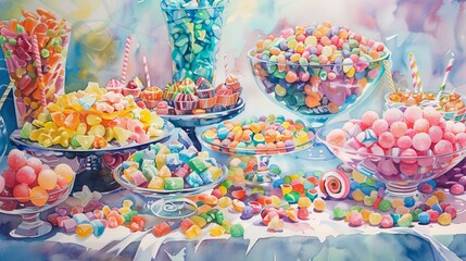 A watercolor depiction of a festive candy buffet with a range of colorful, shiny candies and sweets spread out