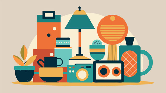 An armful of unique and eclectic housewares including a mismatched set of vintage plates a funky lamp and an old camera.