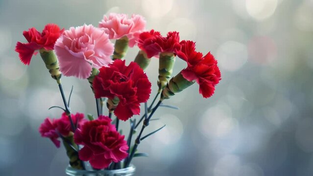 Vibrant red and pink carnations artfully arranged in simple glass jar. Delicate petals and lush blooms stand out against soft, blurred background. Close-up highlights floral beauty and vivid colors.
