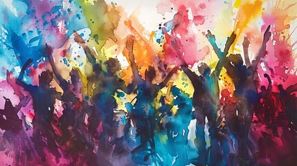 Artistic watercolor interpretation of a festival scene, people energized by music and energy drinks, colors mingling like sound and energy
