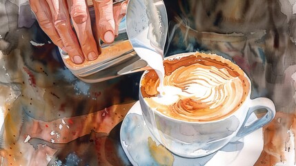 Artistic watercolor of a barista pouring milk into a large latte, the creamy swirls blending softly into the rich, dark coffee