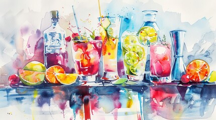 Artistic watercolor of a cocktail workshop, playful colors illustrating the art of mixing drinks and garnishing