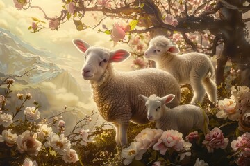Fototapeta premium Easter art with 3 lambs. Sheep. Happy easter