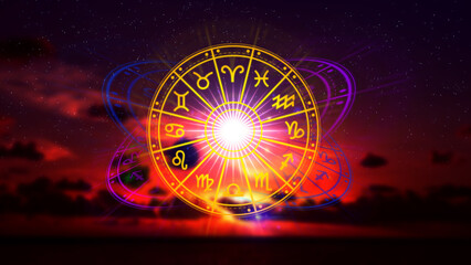 Concept of astrology and horoscope, person inside zodiac sign wheel, Astrological zodiac signs inside of horoscope circle, Astrology, knowledge of stars the sky, power of the universe concept.