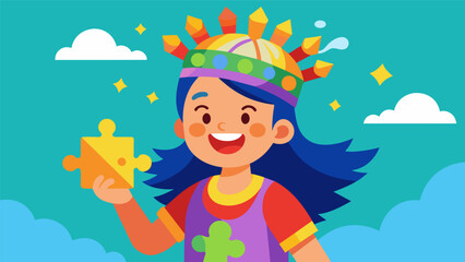 Naklejka premium A young girl wearing a colorful playful device on her head beaming with excitement as she solves a difficult puzzle..