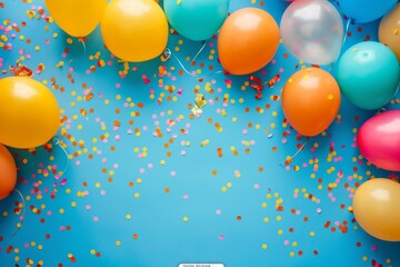 Colorful Bliss: A whimsical composition of balloons and confetti adorning a serene blue background, evoking an atmosphere of pure happiness and celebration.
