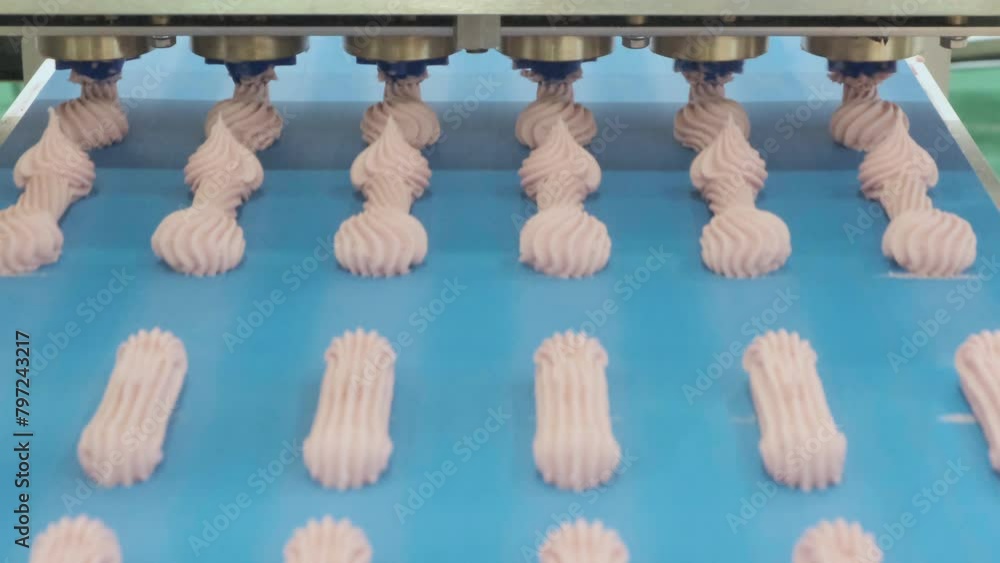Poster a conveyor belt with pink frosting on it. the frosting is in the shape of a flower