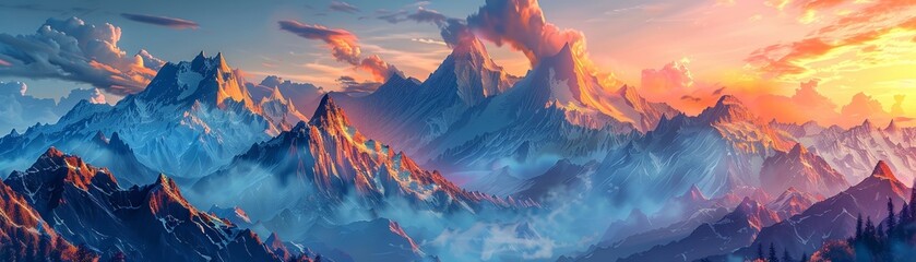 Stunning views of mountains captured in low-poly style, designed using AI technology