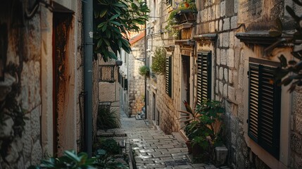 Alleyway classic stone paving road. European style house residence.