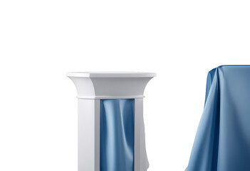 Empty cloth silk podium presentation isolated podiums path tablecloth clipping blue background Set white poduim background blanket blue box clipping path clothes concept cover cube curtain
