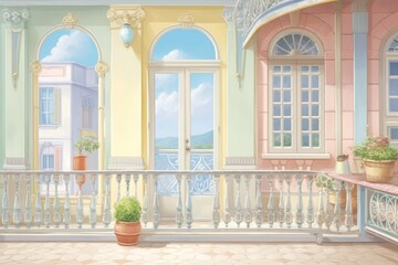 Painting of balcony border architecture building house.