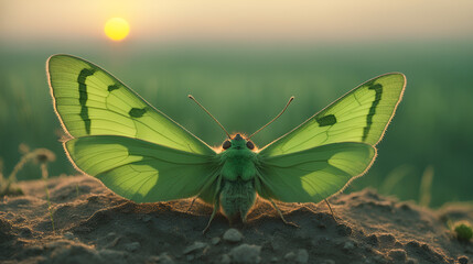 a green moth  closeup, big  green moth  from  infront of Sunset 