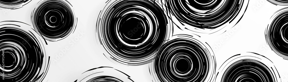 Poster hand-drawn black lines create a mesmerizing pattern of concentric circles and rings on a white canva