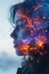 Capture a stunning and dreamy image featuring a captivating woman surrounded by a vivid mix of digital artistry and cosmic elements, created with the help of innovative AI technology.