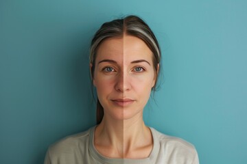 Fototapeta premium Prevention sets skin halves in facial contouring against life depictions, integrating aesthetic rejuvenation with aging age trend depictions and treatments in life stage portraits.