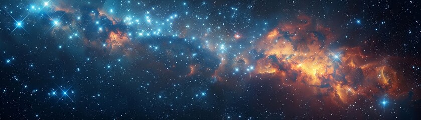 Clusters of stars illuminate the dark expanse of the cosmos. The night sky twinkles with a dazzling array of stars and nebulae, offering a glimpse into the vastness of the universe.