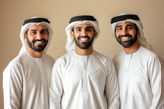 3 Middle eastern men in thawb portrait smiling people.