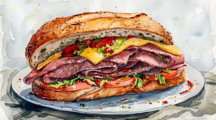 Detailed watercolor of a gourmet roast beef sandwich, layers of meat, cheese, and horseradish sauce, on a crusty baguette, showcasing depth and texture