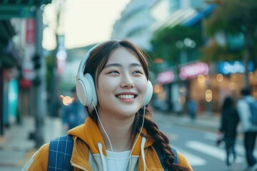 Korean student listening music happy infrastructure architecture.
