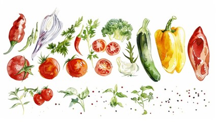 Detailed watercolor of various vegetables before and after grilling, showing the transformation, paired with a delicate aioli sauce