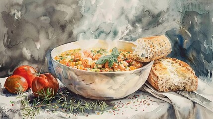 Cozy watercolor portrayal of a seafood chowder bowl, steam wafting up, surrounded by rustic bread and fresh herbs - obrazy, fototapety, plakaty
