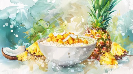Delicate watercolor of a tropical smoothie bowl with pineapple, coconut, and macadamia nuts, suggesting a hint of paradise