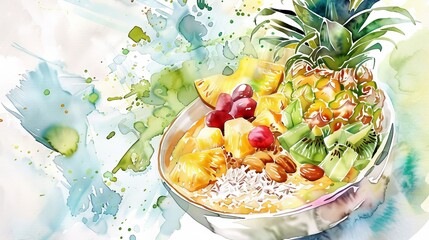 Delicate watercolor of a tropical smoothie bowl with pineapple, coconut, and macadamia nuts, suggesting a hint of paradise - obrazy, fototapety, plakaty