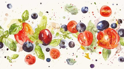 Delicate watercolor of Greek salad ingredients, each element detailed to emphasize their crisp, fresh textures and natural colors