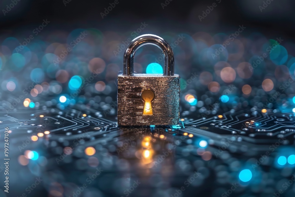 Poster cybersecurity technology ensures protection against fraud, safeguarding data network privacy, shown 