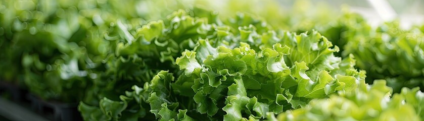 Bright green lettuce grows in neat rows in a hydroponic farm with sunlight filtering through