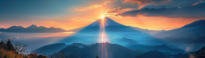 Breathtaking sunset view of Mount Fuji with dramatic sky and sunbeams
