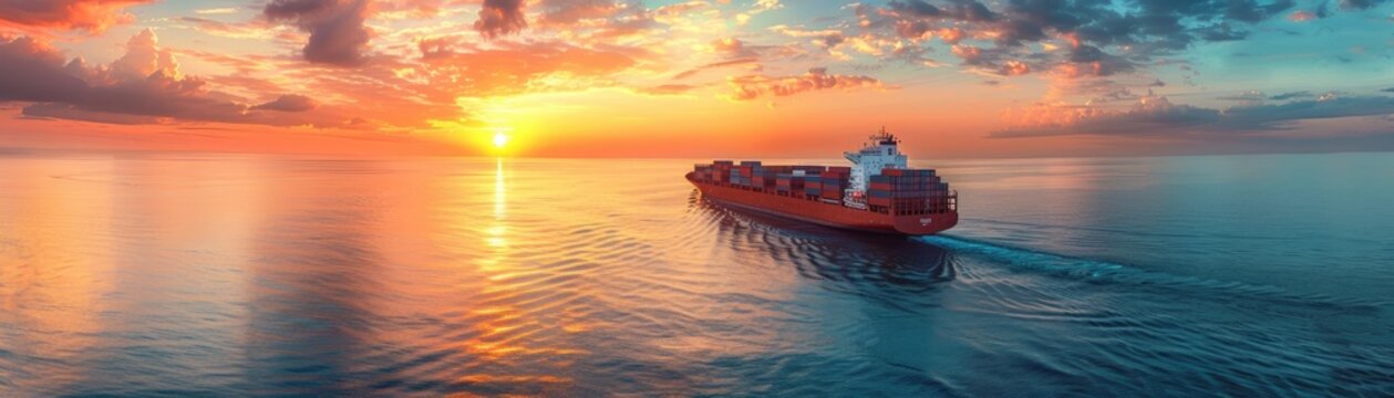 Cargo ship at sea during a breathtaking sunset