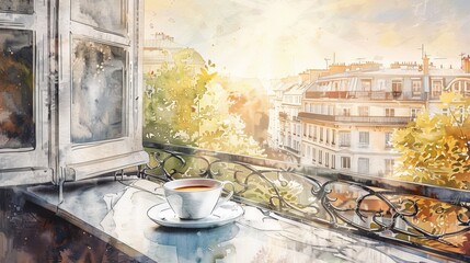 Elegant watercolor of a coffee set on a balcony overlooking a morning cityscape, the calm ambiance paired with a perfect cup - obrazy, fototapety, plakaty