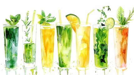 Elegant watercolor of a collection of herbal detox juices, the subtle greens and yellows suggesting health and vitality - obrazy, fototapety, plakaty