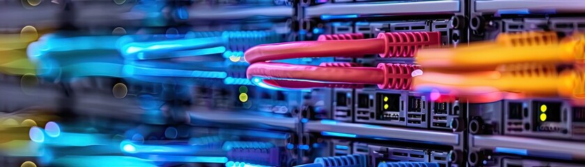Colorful network cables connected to servers in a data center