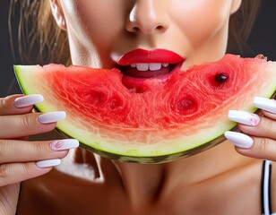 Frau mit weiße Fingernägel beisst in einer Wassermelone. 